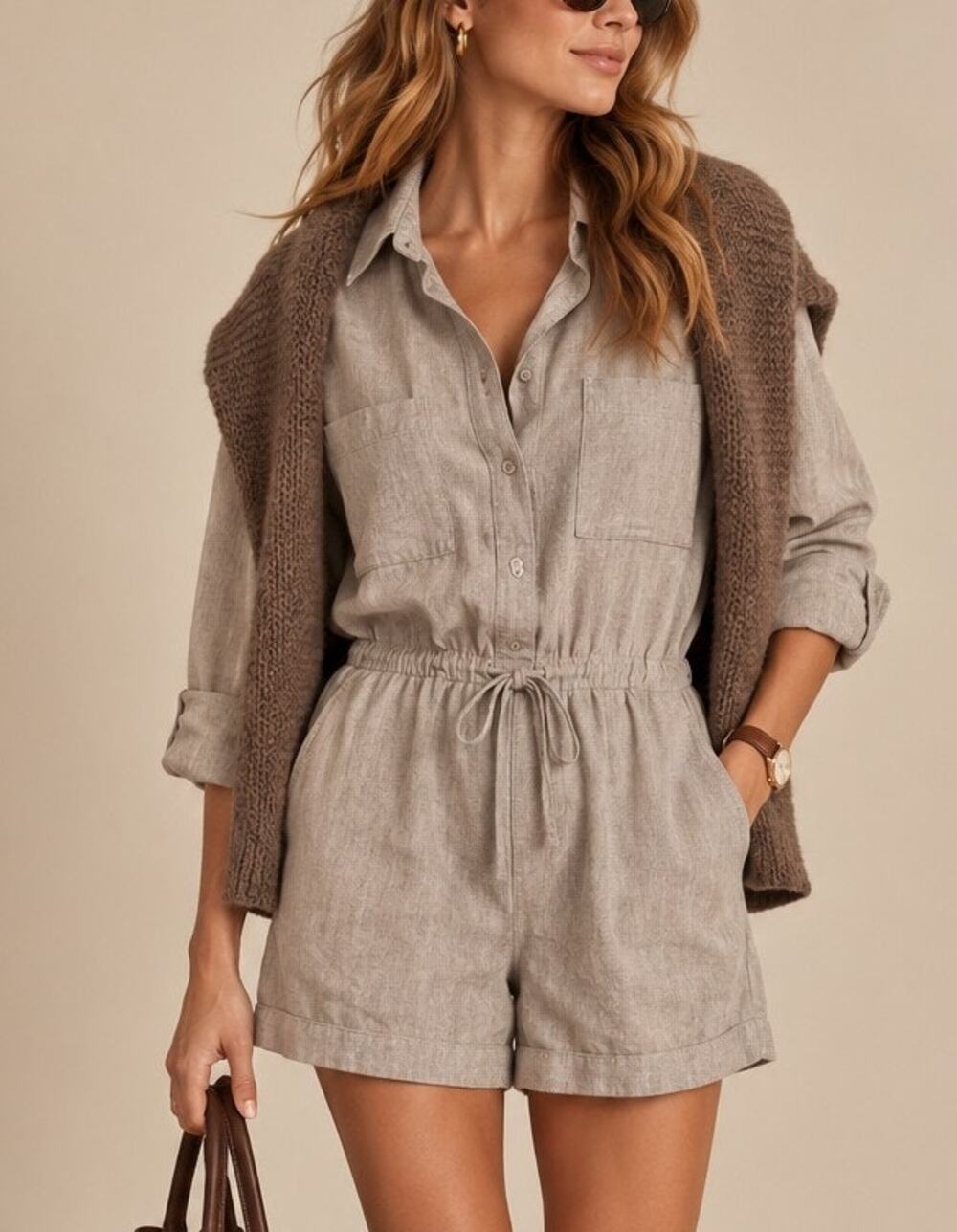 Abercrombie Linen Blend Utility Romper Size L Beige Button Front Granola Indie